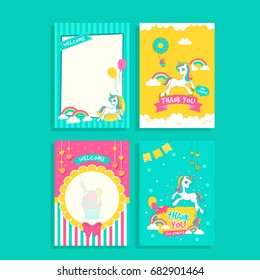 Set of four flat unicorn birthday card