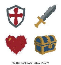 A set of four flat vector game icons including a shield, sword, heart, and treasure chest design.