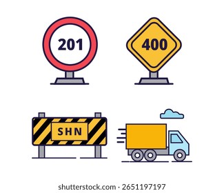 A set of four flat vector icons related to road safety and transport: a circular red sign with "201," a yellow diamond sign with "400," a black and yellow striped barrier with "SHN," and a fast-moving