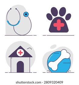 A set of four flat vector icons representing veterinary care including a stethoscope, paw print with medical cross, animal hospital, and a bone.