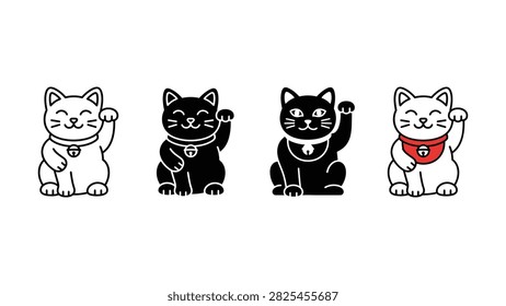 Set of four flat vector icons of traditional japanese lucky waving maneki neko cats isolated on white background