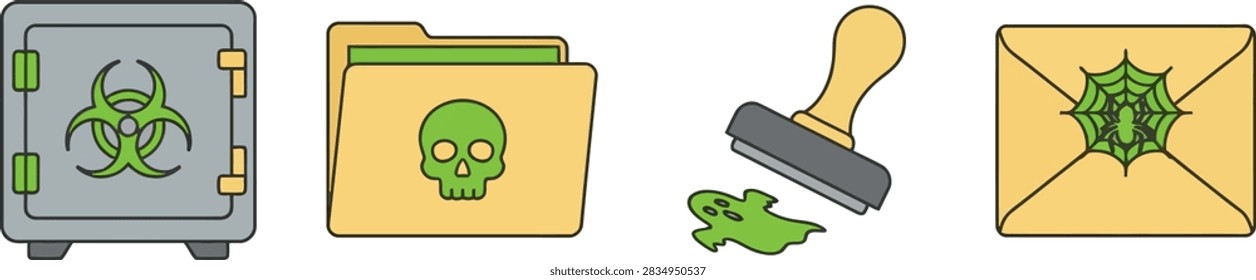 A set of four flat vector icons featuring a biohazard safe, a skull folder, a ghost stamp, and a spider web envelope.