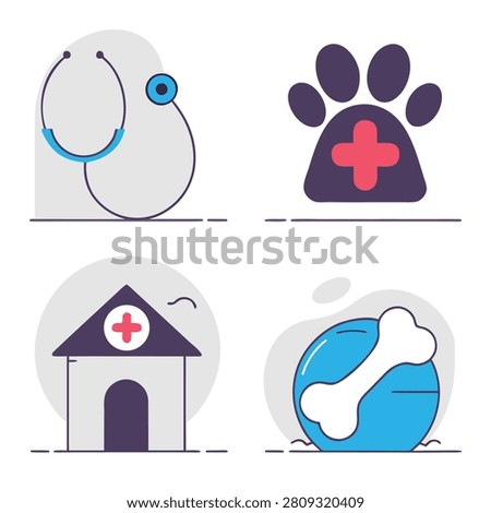 A set of four flat vector icons representing veterinary care including a stethoscope, paw print with medical cross, animal hospital, and a bone.