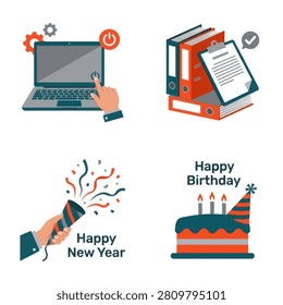 A set of four flat vector illustrations featuring a laptop with power button office binders with clipboard party popper and a birthday cake with candles