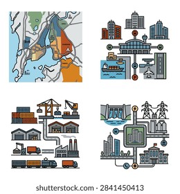 Set of Four Flat Vector Illustrations Representing Urban Infrastructure Systems