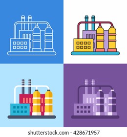Set of four flat vector illustrations with industrial building. On white , blue and lilac backgrounds