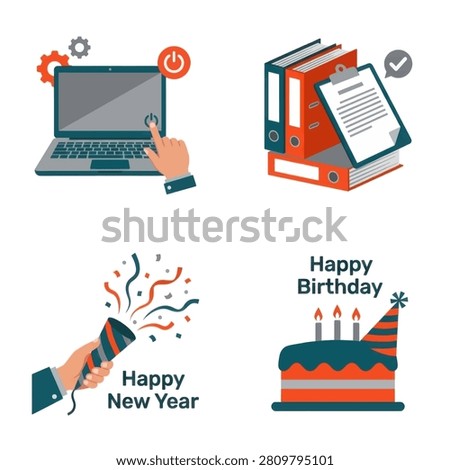 A set of four flat vector illustrations featuring a laptop with power button office binders with clipboard party popper and a birthday cake with candles