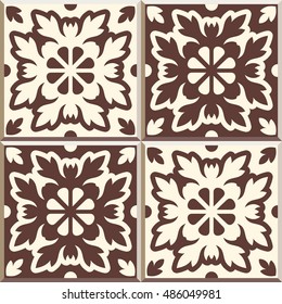 Set of four Floor tiles - seamless vintage pattern with cement tiles. Seamless vector background. Vector illustration. Retro colors - white and brown. Set of four edwardian tiles.