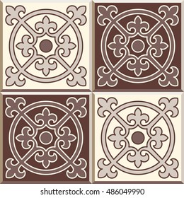 Set of four Floor tiles - seamless vintage pattern with cement tiles. Seamless vector background. Vector illustration. Retro colors - white and brown. Set of four edwardian tiles.