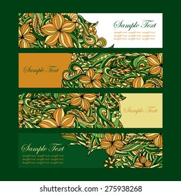 Set of four floral banners with flowers, leaves. Vector illustration