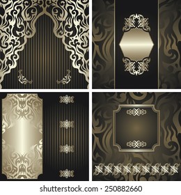 Set of four floral cards. Floral background, striped background, floral frame. All cards have seamless background