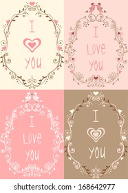 Set of four floral  frames with couple of birds and hearts