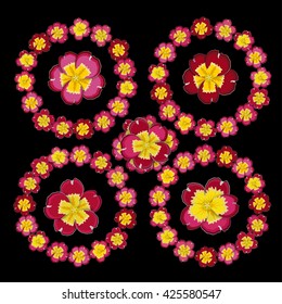 Set of four floral frames. Summer and spring flowers primrose. Red and yellow colors