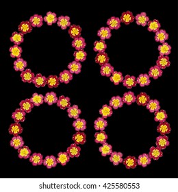 Set of four floral frames. Summer and spring flowers primrose. Red and yellow colors