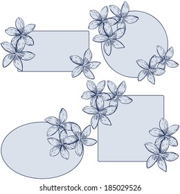 set of four floral frames,different shapes, spring design, invitation wedding cards in blue colors