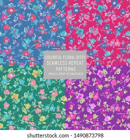 Set of four floral pattern. Cute colorful flowers on pink, blue, and purple, green. Printing with flowers and leaves. Ditsy print. Spring bouquet for apparel, fabric, paper. 