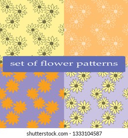 Set of four floral patterns. For decoration of fabrics, paper, Wallpaper. Fabrics for patchwork.Layered vector file.Orange and purple. Chamomiles.