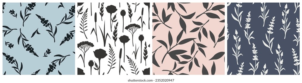 Set of four floral patterns with flowers and leaves in blue, pink, black, and white colors. Vector seamless floral prints