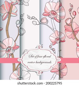 Set of four floral patterns. Orchids. Vector illustration.