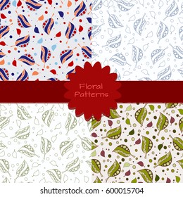 Set of four floral seamless pattern of abstract colorful leaves. Floral background for textile, wallpaper, pattern fills, covers, surface, print, gift wrap, scrapbooking, decoupage.