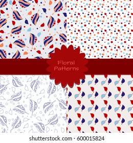 Set of four floral seamless pattern of abstract colorful leaves. Floral background for textile, wallpaper, pattern fills, covers, surface, print, gift wrap, scrapbooking, decoupage.