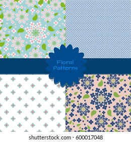 Set of four floral seamless pattern of saxifrage and abstract flowers. Floral blue background for textile, wallpaper, pattern fills, covers, surface, print, gift wrap, scrapbooking, decoupage.