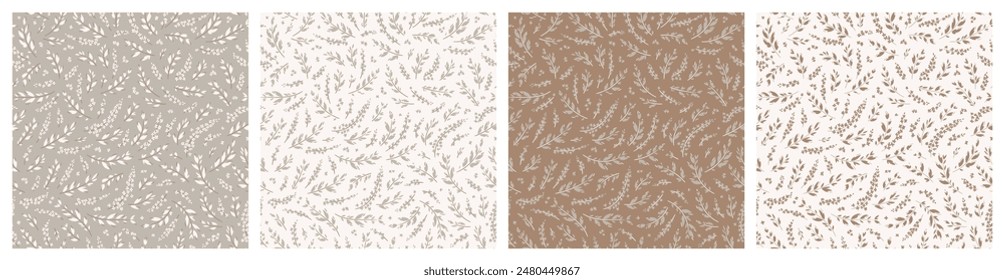 Conjunto de cuatro patrones sin costura floral. Impresiones Ditsy. Flores y hojas Pequeñas simples. Ramas de flores de lila o cerezo pájaro. Colores beige marrón. Ilustración vectorial	