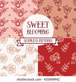 set of four floral seamless patterns, red palette, vector illustration