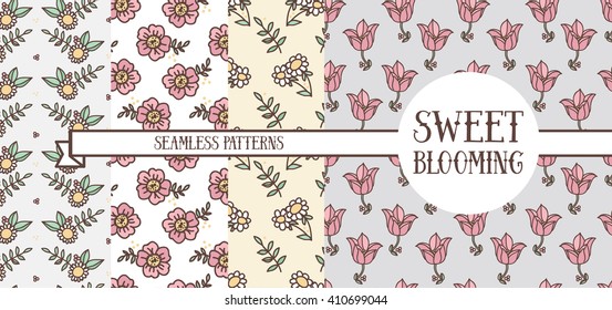 set of four floral seamless patterns, spring palette, vector illustration