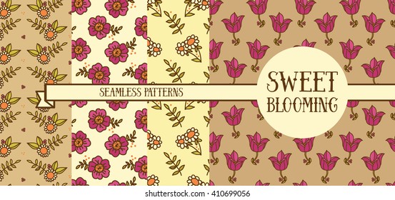 set of four floral seamless patterns, vector illustration