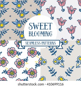 set of four floral seamless patterns, spring palette, vector illustration