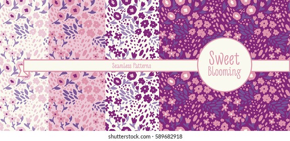 set of four floral seamless patterns, pink and lilac colors, vector illustration