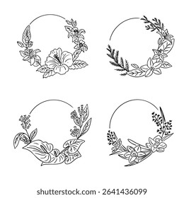 Set of four floral wreath frames with various hand-drawn flowers and leaves. Concept expresses botanical elegance, natural beauty and versatile decorative design