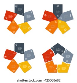 Set of four flower infographic diagrams with 5 options. Isolated paper sequence banners for tutorial. EPS10 progress steps templates.