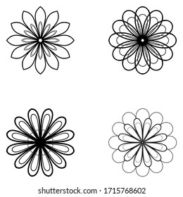 Conjunto de cuatro adornos de flores Mandala aislados en fondo blanco. Diseño de tatuajes de Henna. Ilustración del vector