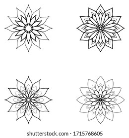Set of four flower Mandala ornament isolated on white background. Henna tattoo design. Vector illustration
