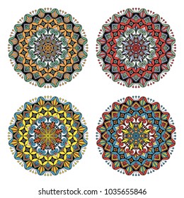 Set of four flower mandalas in different colors. Oriental ethnic circular ornament. Design element