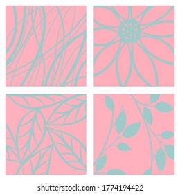 Set of four flower patterns on pink pastel background.