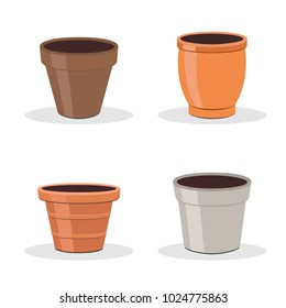 Set of four flower pots isolated on white. Gardening equipment. Terracotta flower pot icons or illustrations.