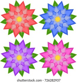 Set of four flowers of blue, red, purple, pink, isolated on white background. Suitable for design.