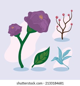 set of four flowers and leaves