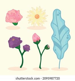 set of four flowers and one leaf