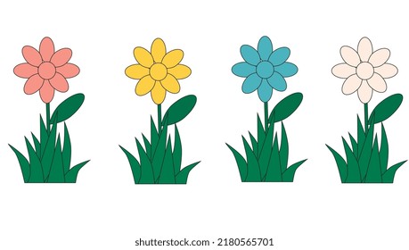 Set of four flowers: yellow, blue, white. Flat vector illustration. Floral decoration. Kids pictures.