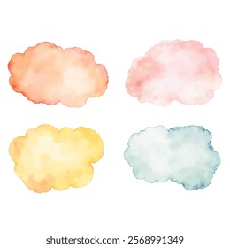 A set of four fluffy watercolor clouds in pastel shades of orange, pink, yellow, and green. 