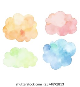 A set of four fluffy watercolor clouds in pastel shades of yellow-orange, pink, green, and blue.