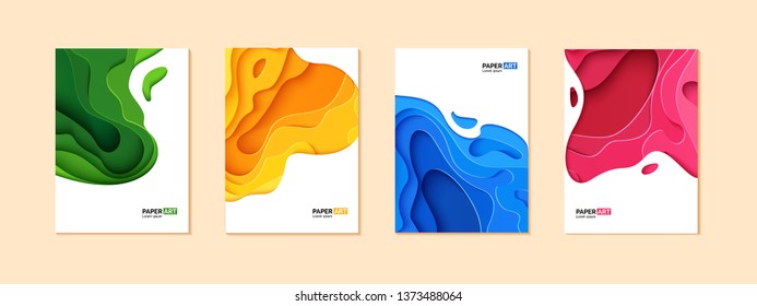 Set of four flyers in cut paper style. Blue, green, yellow and pink template for posters, brochures, presentations, invitations, corporate style with place for text . Collection of vector cards.