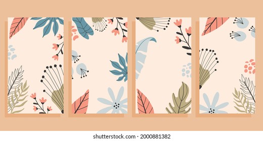 Set of four flyers with empty space for text. Tropical background, hand drawn illustrations.