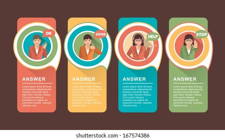set of four flyers with solving problems in the bubbles are located businesswoman  with different gestures