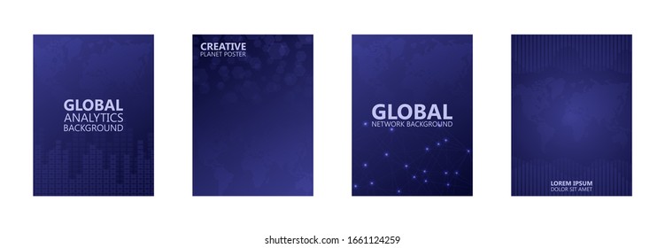 Set of four flyers. For your design relating to global issues, the World Wide Web, the ecology of the planet or working on the stock exchange. World map of dots, and graphics.