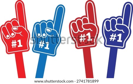 A set of four foam hand signs with the number one on a stick.